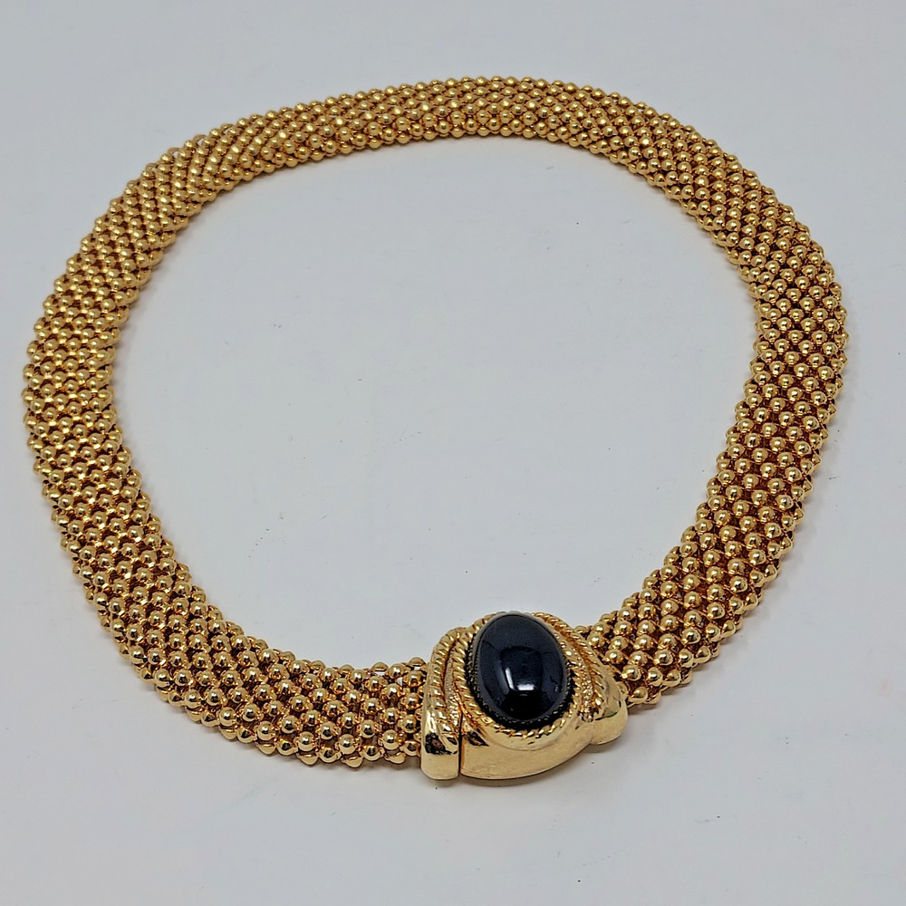 Vintage Gold Tone Black Cabochon Caviar Mesh Choker Necklace Magnet Clasp 1990s